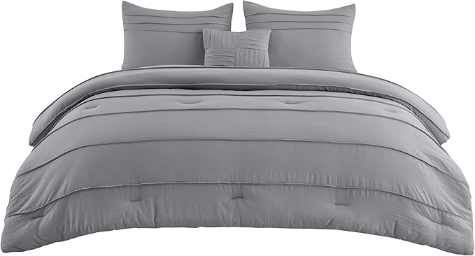 Bedsure Queen Comforter Set - 4 Pieces Pinch Pleat Bed Set, Grey Boho Bedding for All Season, 1 Soft Comforter, 2 Pillowcases, 1 Decorative Pillow