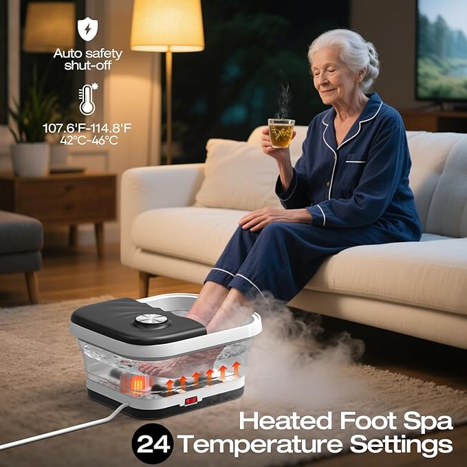Collapasible Foot Spa Bath Massager with Heat, Pedicure Foot Spa with Bubbles, Temperature Control, Foot Soaking Tub for Home, Office, Foot Soaker Gift for Men and Women
