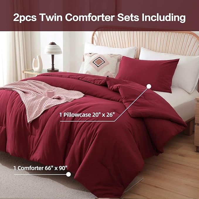 ROSGONIA Twin Comforter & Pillowcase for College Girls & Boys - Dark Red, Lightweight Dorm Bedding