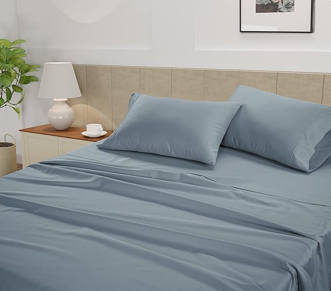 LANE LINEN Split King Sheet Sets – 450 Thread Count 100% Cotton Sheets, Soft & Breathable Sateen Weave, 15” Deep Pocket Fully Elasticized Fitted Sheet, Luxury Hotel Bedding & Pillowcases, French Blue