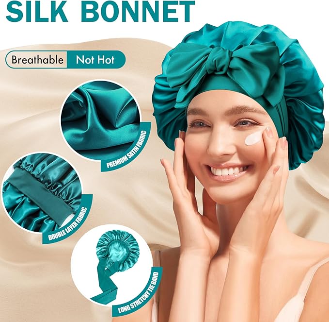 Silk Bonnet for Sleeping Women, Adjustable Soft Satin Lined Bonnet with Tie Band, Double Layer Sleep Night Cap