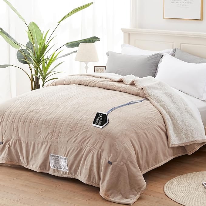 Westinghouse Full Size Heated Blanket, Soft Flannel & Sherpa, 10 Heating Levels, Auto Shut Off, Machine Washable, Beige, 72x84 Inch