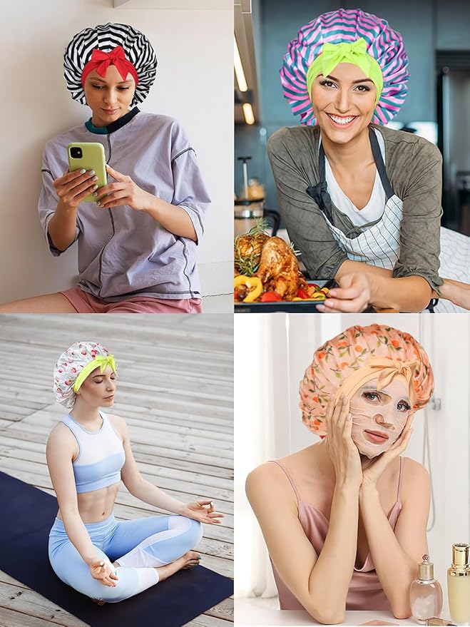Floral Satin Bonnet For Sleeping Women Double Layer Pleated Design Adjustable Shower Cap For Curly Hair Strawberries