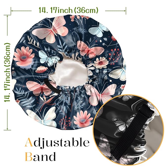 2 PCS Bonnets for Women Girls Satin Hair Bonnet Silk Adjustable Elastic Double Layer Hair Wrap Sleep Cap Comfort Cute-Flower Butterfly
