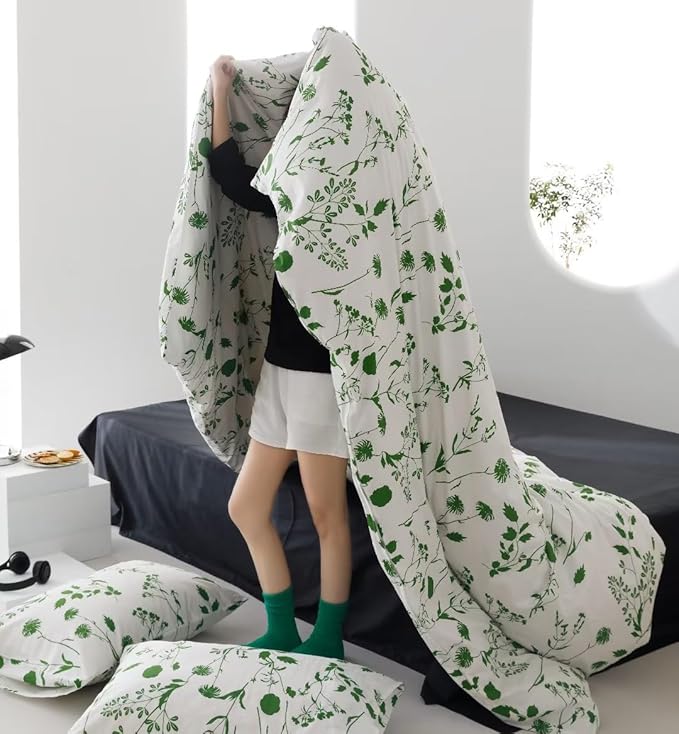 KAREVER Botanical Comforter Set Twin White and Sage Floral Plant Bedding Comforter Set Girls Blanket Rustic Leaf Blossom Women White Farmhouse Comforter Twin