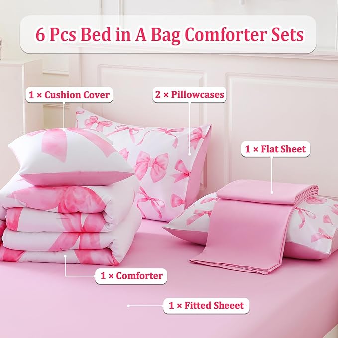 Twin Size Comforter Sets Pink Bed in a Bag for Girls, Bow Comforter Set,6 Pieces Bow Bedding Sets with Sheets for Kids