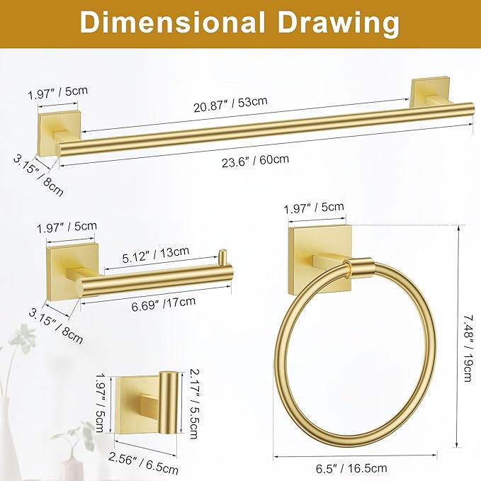 Brushed Gold Toilet Paper Holder Towel Bar Set, 5 Pieces Bathroom Hardware Accessories Set, 23.6 Inch Stainless Steel Towel Racks for Bathroom Wall Mounted