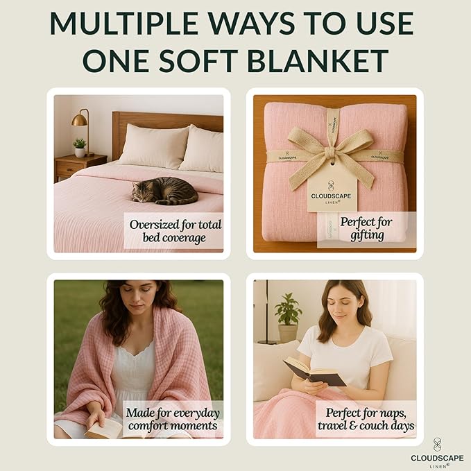 Cloud Scape Linen 8-Layer Muslin Blanket Queen Size - 100% Cotton, Soft and Breathable, Oversized Winter Blanket, Fits up to Full Size Bed, 92x92, Seashell Pink
