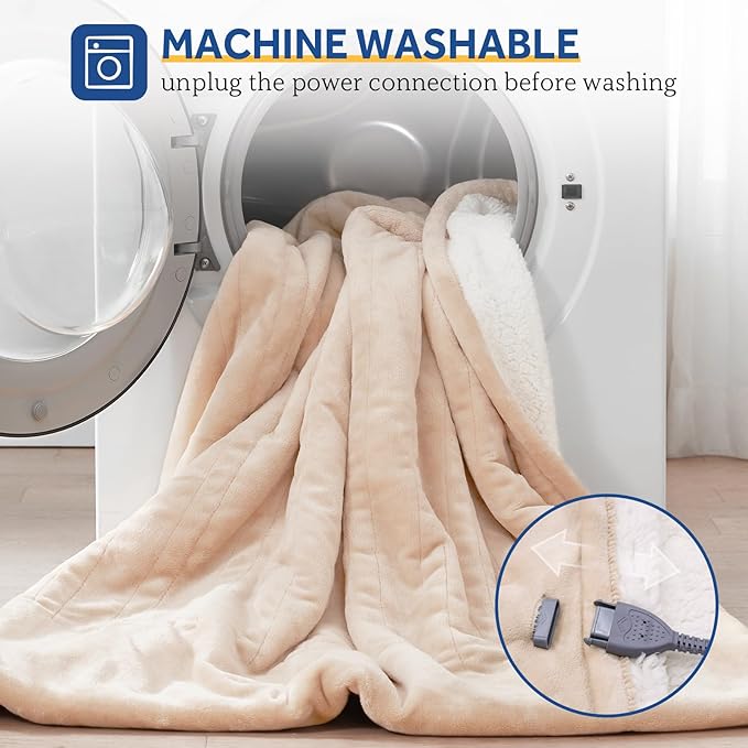 SEALY Heated Blanket Electric Throw, Flannel & Sherpa Heating Throw with 6 Heat Settings & 2-10 Hours Auto Shut Off, Fast Heating & ETL Certification, 50x60 Inch, Beige