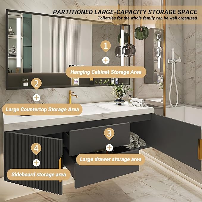 Bathroom Vanity with Double Sink, Modern Bathroom Vanities Compo Includes LED Smart Defogging Mirror Cabinet and Open Shelf, Solid Wood Bathroom Sink Vanity with Slate Countertop (Dark Grey,92")