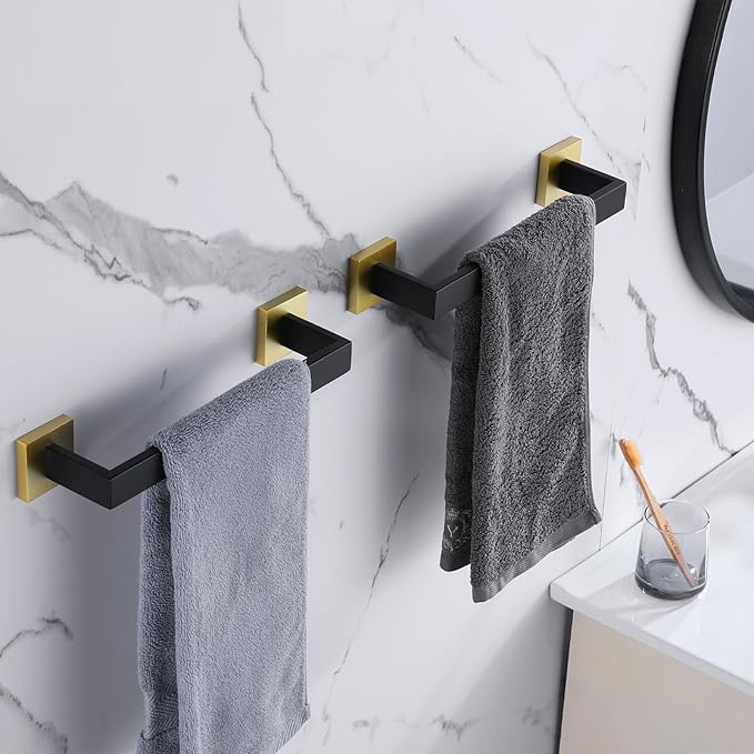 LANC 12-Inche Towel Bars for Bathroom Wall Mounted Matte Black and Gold Bath Hand Towel Holders Total-14” Towel Hanger Stainless Steel Towel Rails for Kitchen Towel Racks Towel Rods, A8804GK-3P1