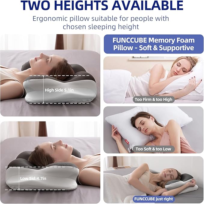 Cervical Neck Pillow for Sleeping, Dual-Height Contour Pillow for Neck Pain Relief, Butterfly Ergonomic Memory Foam Neck Support Pillow with Cooling Breathable Cover for Side Sleepers, Queen Brown