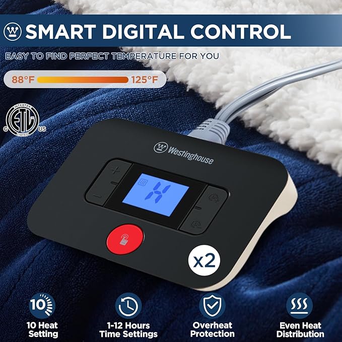 Westinghouse Electric Blanket King, Heated Blanket King Size with 10 Heating Levels and 1 to 12 Hours Heating Time Settings, Flannel to Sherpa Reversible, Machine Washable (90" x 100", Navy)