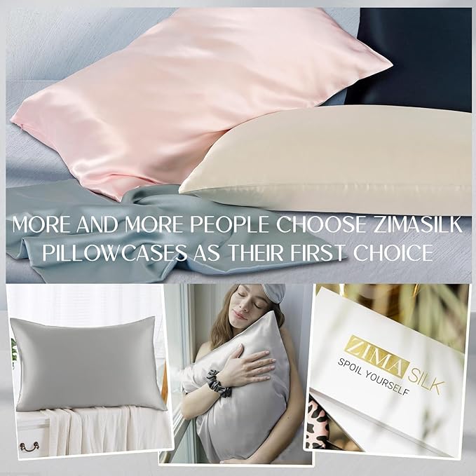 ZIMASILK 100% Pure Mulberry Silk Pillowcase 2 Pack, Soft and Smooth,Both Sides Premium Grade 6A Silk,600 Thread Count,with Hidden Zipper (Queen 20''x30'',Grey)