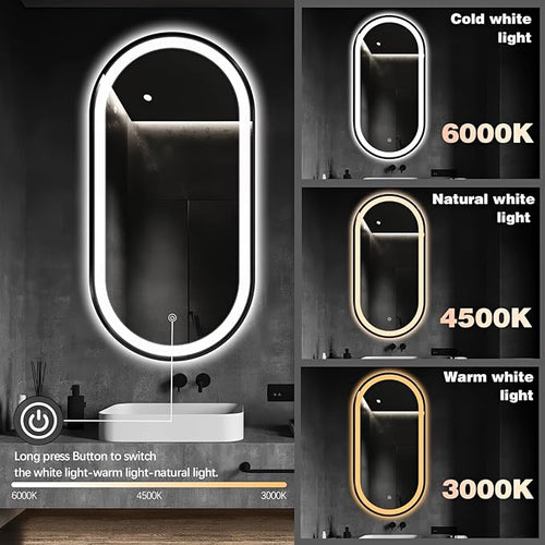 51" x 27" Oval LED Bathroom Mirror with Lights, Black Metal Framed Anti-Fog LED Vanity Mirror, Lighted Bathroom Mirrors Wall Mounted, Stepless Dimmable, Shatter-Proof, Horizontal/Vertical