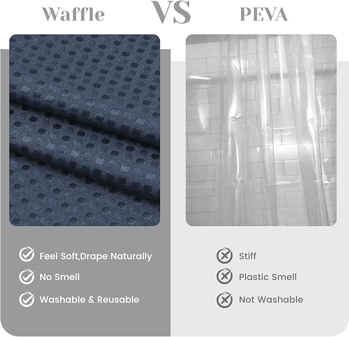 No Hook Shower Curtain with Snap in Liner Set Waffle Shower Curtain for Bathroom Hotel Style Fabric Waterproof Inner Liner，71" W x 80" H, Navy Blue