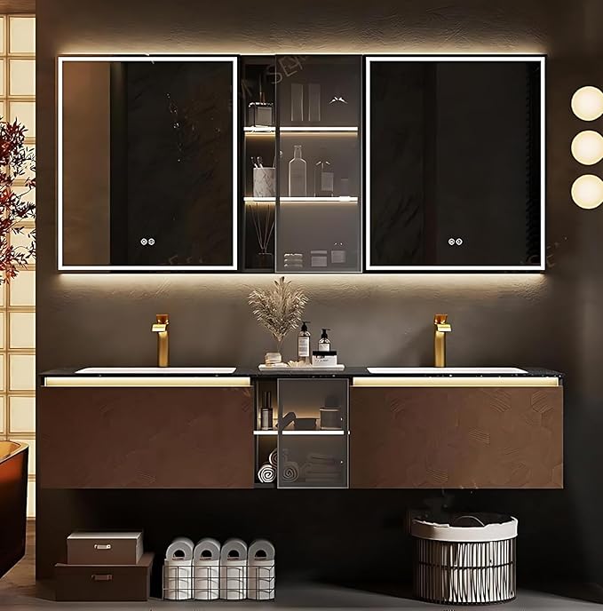 80" Double Bathroom Sink Vanity, Modern Bathroom Vanity Includes LED Smart Defogging Mirror Cabinet & Semi-Open Storage & Ceramic Basin, Floating Bathroom Cabinet with Sensor Light (Dark Brown)