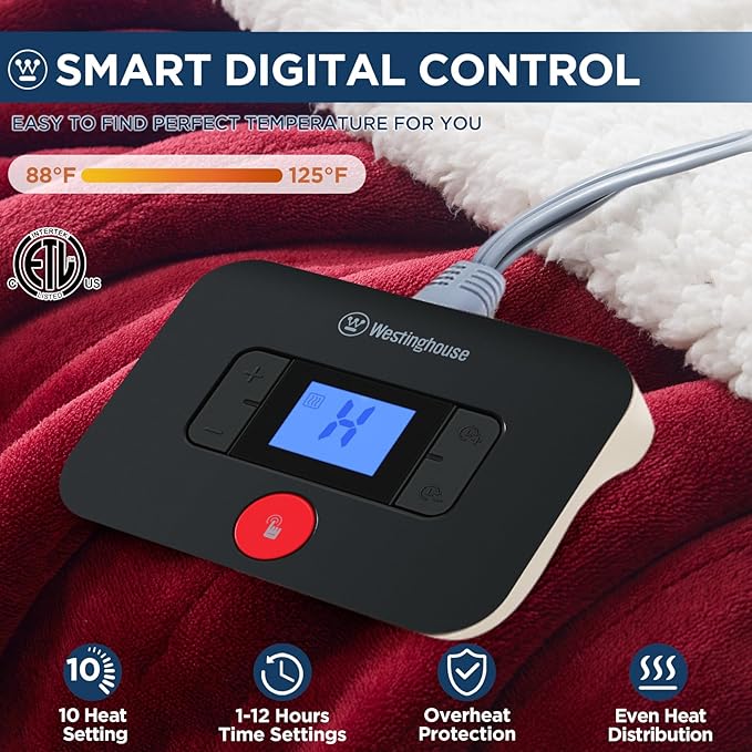 Westinghouse Electric Blanket Twin, Heated Blanket Twin Size with 10 Heating Levels and 1 to 12 Hours Heating Time Settings, Flannel to Sherpa Reversible, Machine Washable (62" x 84", Red)