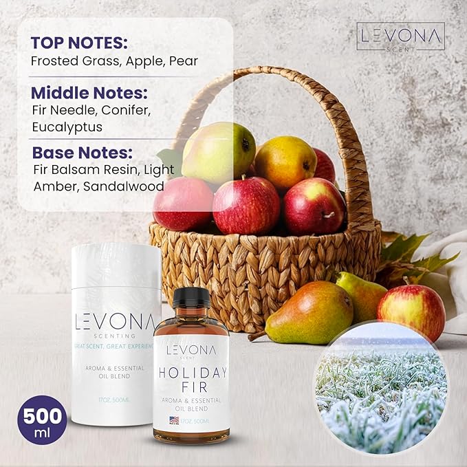 Levona Scent Essential Oil - Fresh Aroma for Home, Office, Hotel & Spa, Perfect in Humidifiers and Diffusers, Luxury Fragrance, with Sandalwood, Amber, Winter Fir Notes - 500ml/ 17 fl oz, Holiday Fir