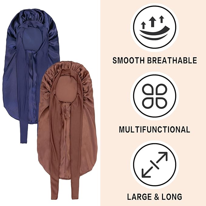2Pcs Bonnets for Women Sleeping Braid Bonnet, Large Long Satin Silk Bonnet for Braids, Black Women Braid Bonnets with Stretchy Tie Band for Sleeping Extra Long (Brown & Dark Blue) Purple