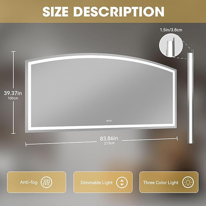 Hasipu 84x40 Inch LED Bathroom Mirror Arch Vanity Mirror with Lights Frontlit Smart Touch Sensor Dimmable 3 Colors Temperature Shatterproof Wall-Mounted Vanity Mirror Metal Frame