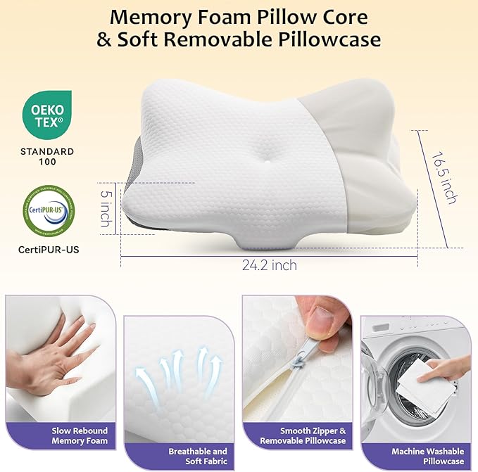 Memory Foam Pillows, Cervical Pillow for Neck and Shoulder Pain Relief, Ergonomic Contour Bed Pillow, Soft for Side Sleep Stomach Sleeping and Back Sleeper (White)