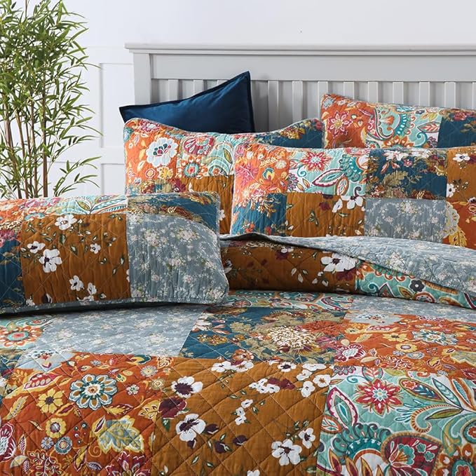 Cotton Bedspread Quilt Bedding Sets 3 Pieces Reversible Coverlet Sets Comforters Luxury Paisley Floral Patchwork Brown Bedspread, Queen Size