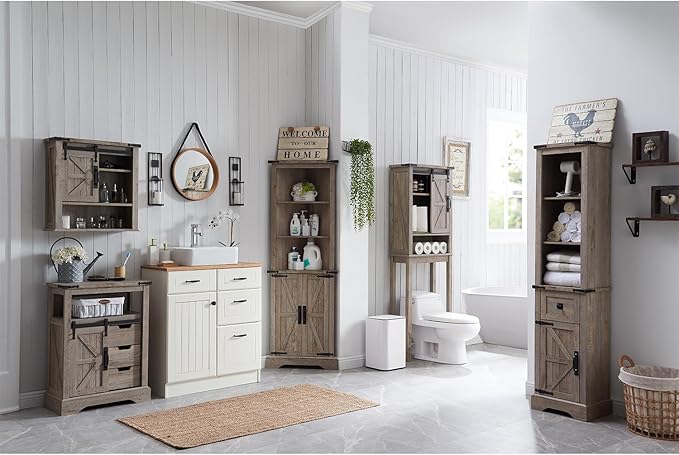 RedLemon Farmhouse Over The Toilet Storage Cabinet, 68" Tall with Sliding Barn Doors & Adjustable Shelves, Rustic Above Toilet Storage Cabinet, Light Rustic Oak