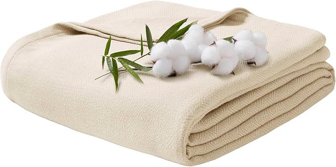 Queen Size Blanket, 70% Rayon (Derived from Bamboo) and 30% Cotton, Lightweight Jacquard Weave, Breathable and Soft Summer Blanket for Bed or Couch, 90” x 90”, Ivory