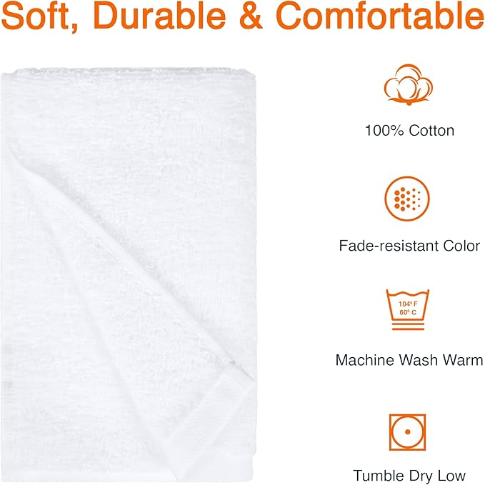 Amazon Basics Soft and Thick Cotton Hand Towels, 16 x 26 in, White, 12-Pack