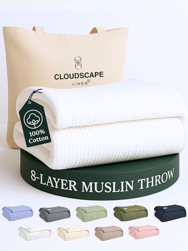 Cloud Scape Linen Extra Large 8 Layer Muslin Throw Blanket - 100% Cotton Gauze, Soft and Breathable, Winter Blanket for Couch, Sofa and Bed, Idea, 50x70, White