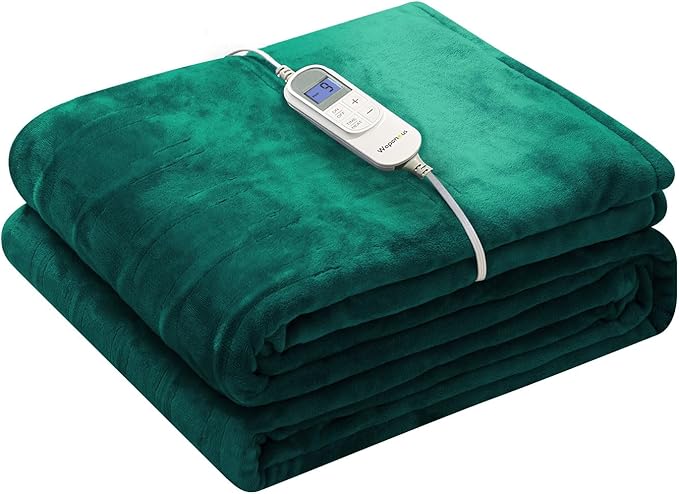 Wapaneus Foot Pocket Heated Blanket Electric Throw with 10 Heating Levels and 4 Timer Settings 4 Hours Auto Shut Off, Flannel Fast-Heating Heated Throw 50" x 60", Machine Washable, Vintage Green