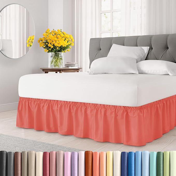 Wrap Around Dust Ruffle Bed Skirt - Coral - Twin/Twin XL Size Beds with 18 Inch Drop - Easy Fit Elastic Strap - Adjustable Pleated Bedskirt w/Brushed Fabric - Wrinkle Free - Women, Men, Kids & Teens
