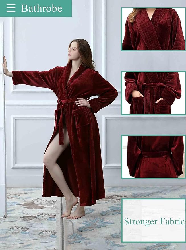 Artfasion Womens Long Fleece Robe - Warm Soft Floor Length Flannel Bathrobes for Winter Thicker Long House Coat with Pockets