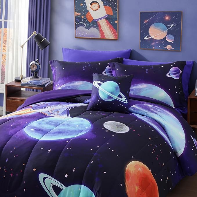 Kids Comforter Set Twin Size for Boys, Rocket Bedding Sets, 3 Pieces Bed in A Bag with 1 Comforter, 1 Decor Pillow, 1 Pillow Sham