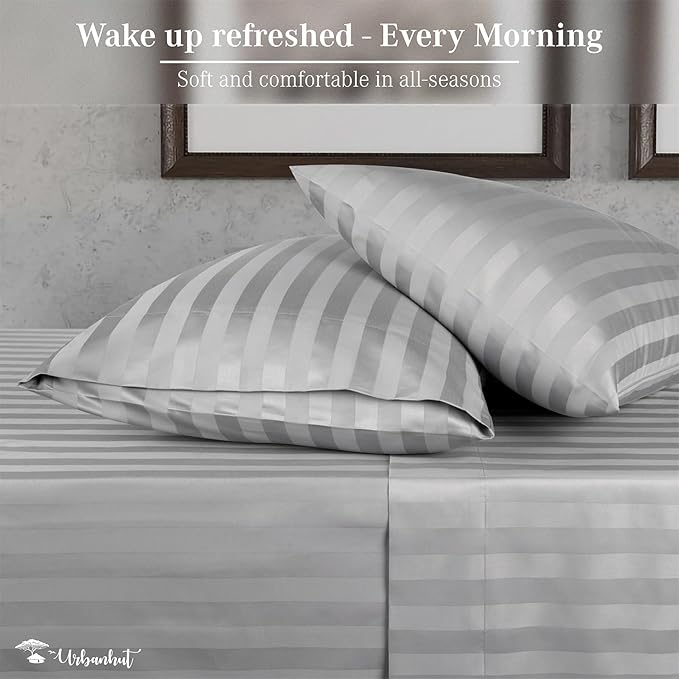 URBANHUT 1000 Thread Count Egyptian Cotton Sheets Damask Striped Full Size, Breathable Long Staple, 4 Pc Bed Sheet Sets, Luxury Hotel Sateen Finish Sheets Fits 16" Deep Pocket - Silver Grey