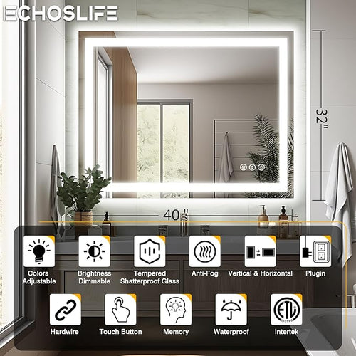 40"x32" LED Bathroom Mirror for Wall, Front and Backlit, Anti-Fog Vanity With Lights, Stepless Dimmable, 3 Colors Smart (Horizontal/Vertical)