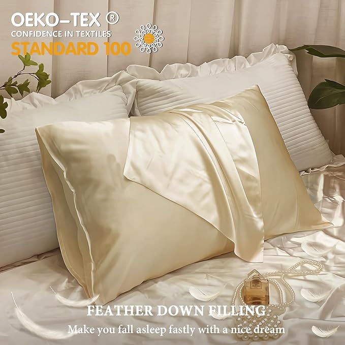 BHZ Satin Goose Down Feather Pillows Standard Size Set of 2 with Beige Satin Pillowcase for Hair and Skin, Cooling Pillow Cases Similar to Silk Pillow Cases, Decor for Women, Mom Men