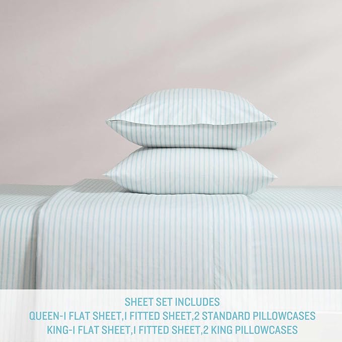 Tommy Bahama - Queen Sheet Set, Cotton Percale Bedding Set, Super Soft, Oeko-Tex Certified (Cool Beach Stripe Turquoise, Queen)