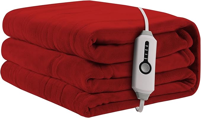Heated Electric Blanket 62"x84" Twin Size, Soft Coral Fleece Blanket with 4 Heating Levels & 10 Hours Auto-Off, Fast Heating, Warm Cozy, Machine Washable for Home & Office - Red