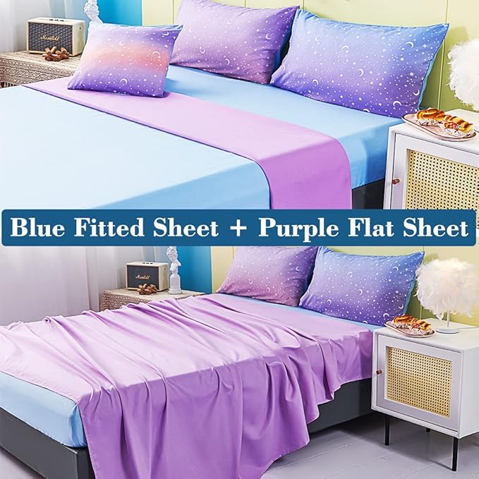 URBONUR Twin Comforter Set for Girls 6Pcs Bed in a Bag Gradient Purple Orange Blue Moon Stars Comforters Soft Lightweight Kids Bedding Set for All Season (Star, Twin Size)