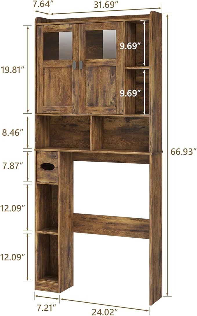 Vabches Over The Toilet Storage Cabinet, Bathroom Shelf Over Toilet with Glass Doors and Adjustable Shelves, Brown Freestanding Home Space Save Toilet Rack, for Restroom, Bathroom, Laundry