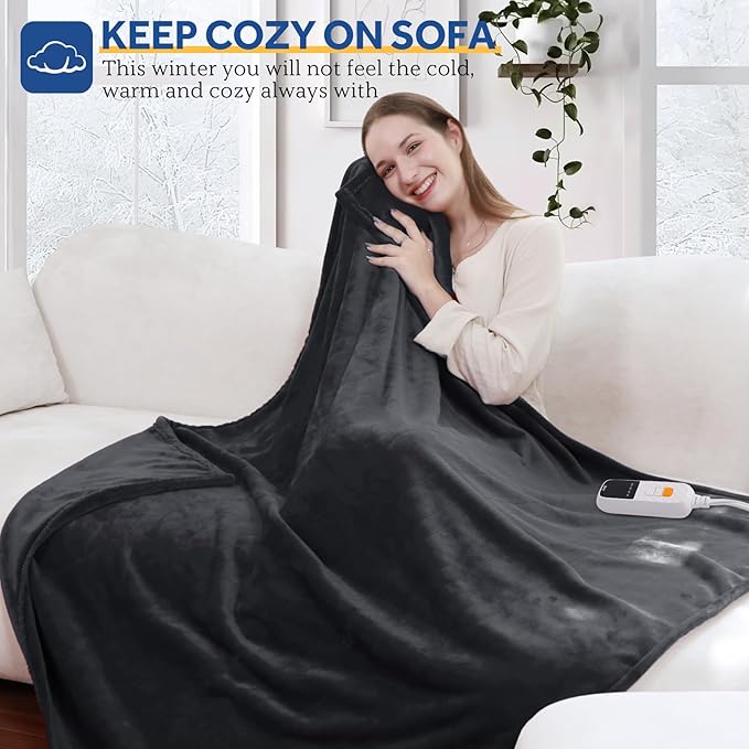 Sealy Heated Blanket Electric Throw 50"x60", Soft Double Flannel Electric Blanket with 6 Heat Levels & 2-10 Hours Auto Shut Off, Machine Washable, Even Heat Distribution, Charcoal
