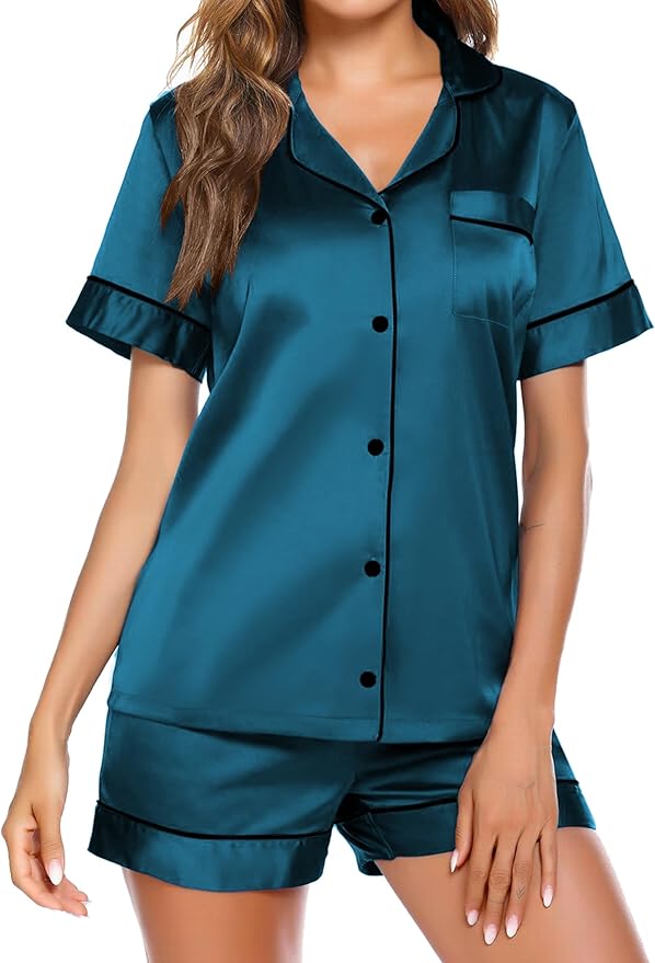Ekouaer Pajamas for Women Set Silk Satin Pjs Shorts Sleepwear 2 Piece Loungewear S-XXL