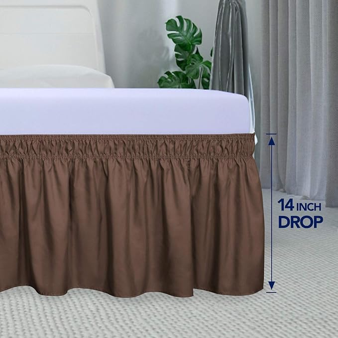 PureFit Wrap Around Ruffled Bed Skirt with Adjustable Elastic Belt - 14 Inch Drop Easy to Put On, Wrinkle Free Bedskirt Dust Ruffles, Bed Frame Cover for Queen, King and C-King Size Beds, Brown