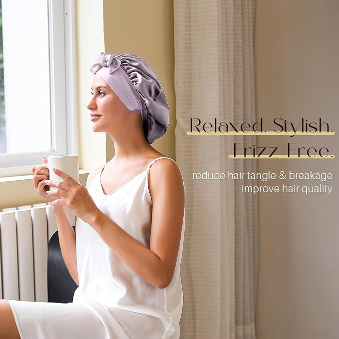 ZIMASILK 100% Mulberry Silk Bonnet for Sleeping Women Long Hair Double Layer Silk Hair Wrap with Tie Band Stay On Head (1Pc, Purple)