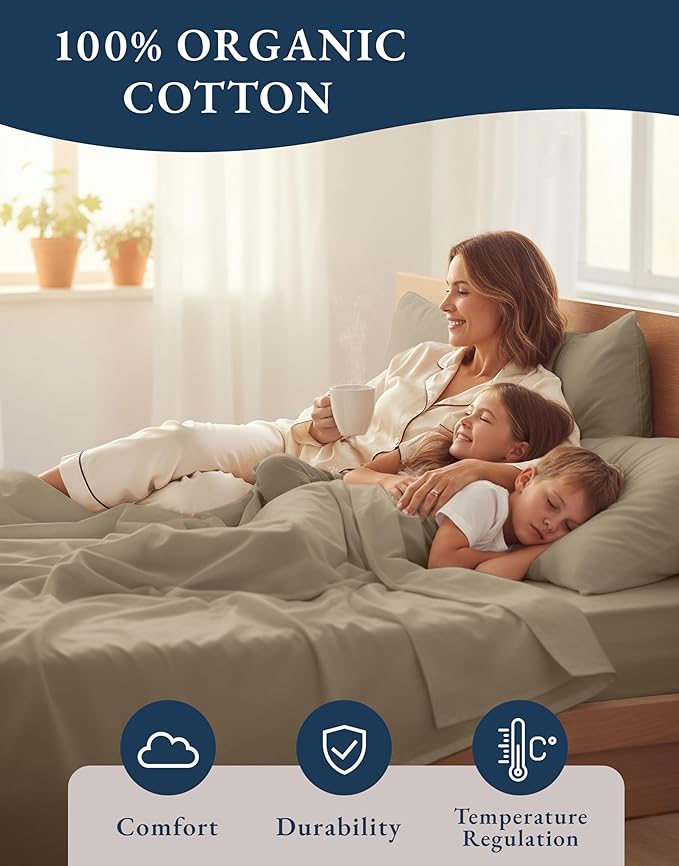 LANE LINEN 100% Organic Cotton Twin XL Sheets Set, Fully Elasticized Bed Sheets Set Twin XL Size Perfetct for Hospital beds, Deep Pocket Soft & Comfy Sheets Set Twin XL Size-Taupe
