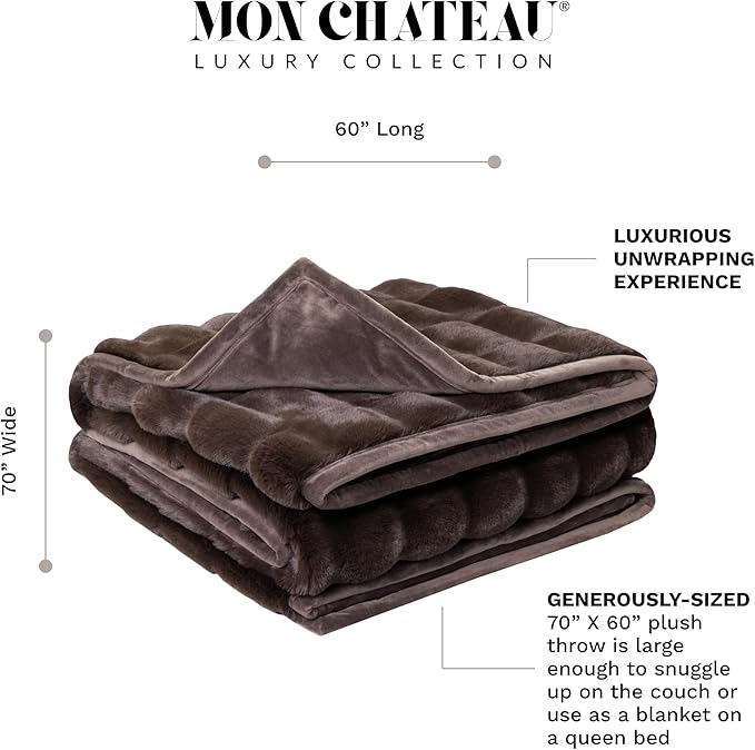 Mon Chateau 60" x 70" Hearthside Faux Fur Throw Blanket, Reversible Soft Blanket for Queen-Size Bed, Couch, or Sofa, Cozy Home Decor and Stylish Living Room Comfort, Chestnut