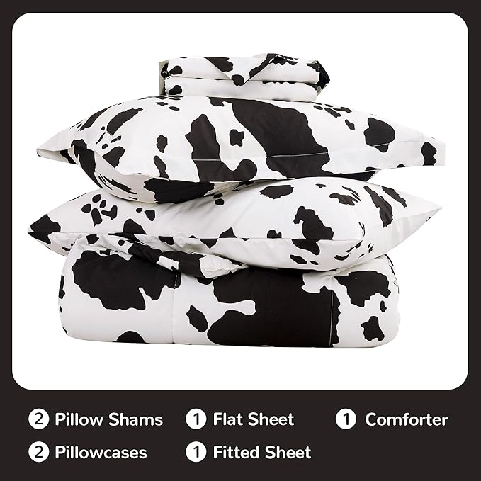 Viviland Kids Full Bedding Sets for Girls, Boys Soft Full Comforter Set with Sheets, 7 Pieces Microfiber Bed in a Bag, Cow Animal