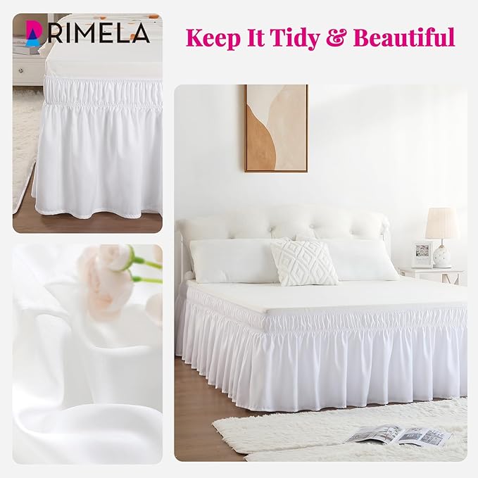 RIMELA Queen Bed Skirt 14 Inch Drop White, Wrap Around Elastic Bed Skirts Queen Size Dust Ruffle, Bedskirt for Adjustable Bed Base Solid Silky Fabric Machine Washable Easy to Install